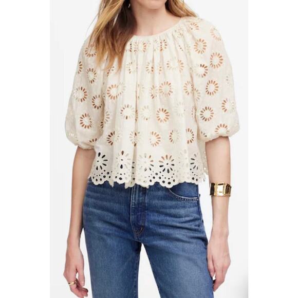 Madewell Tops - Madewell White Eyelet Embroidered Puff Sleeve Blouse Size Small